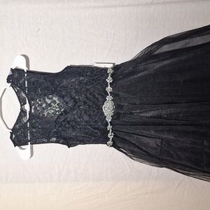 Black Lace Midi Dress, Open Back, Faux Diamonds, B. Darlin